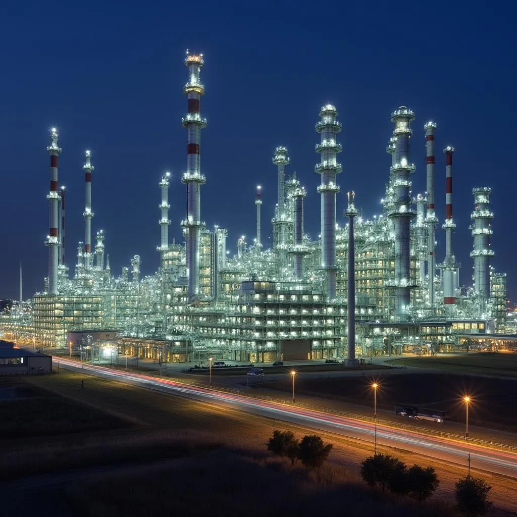 Vista nocturna de refinería moderna